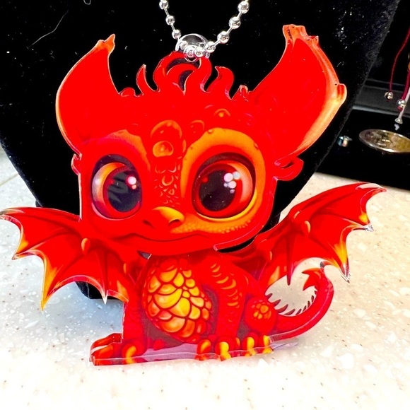 Cute Red Dragon Window/Car Hanger, bright color, 3” X 3”, chain 16”, 1/8”plastic - Picture 2 of 2